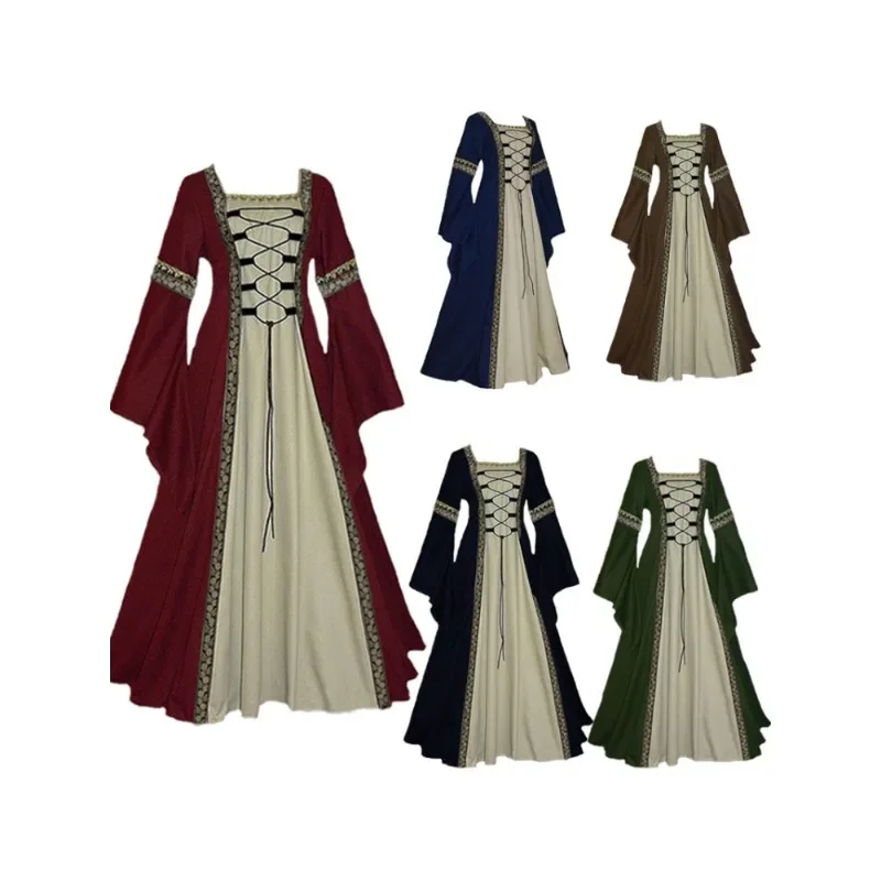 

Halloween Women European Medieval Court Fancy Vampire Cosplay Costume Carnival Vintage Strapless Long Sleeve Queen Elegant Dress