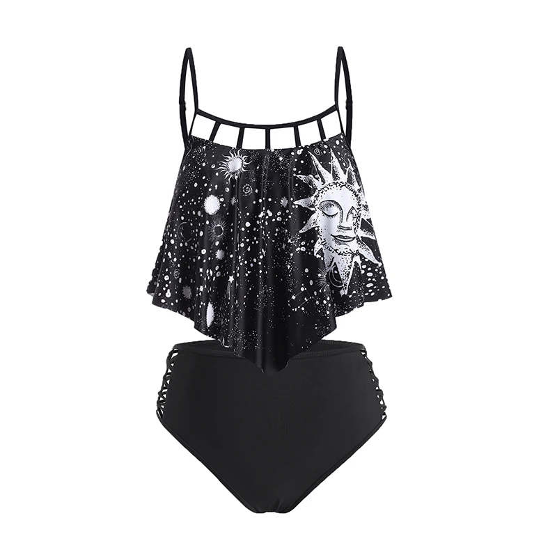 

Gothic Tankini Set Swimwear Astrology Sun Star Moon Print Swimsuit Flounce Lattice Two Piece Beach Bathing Suit