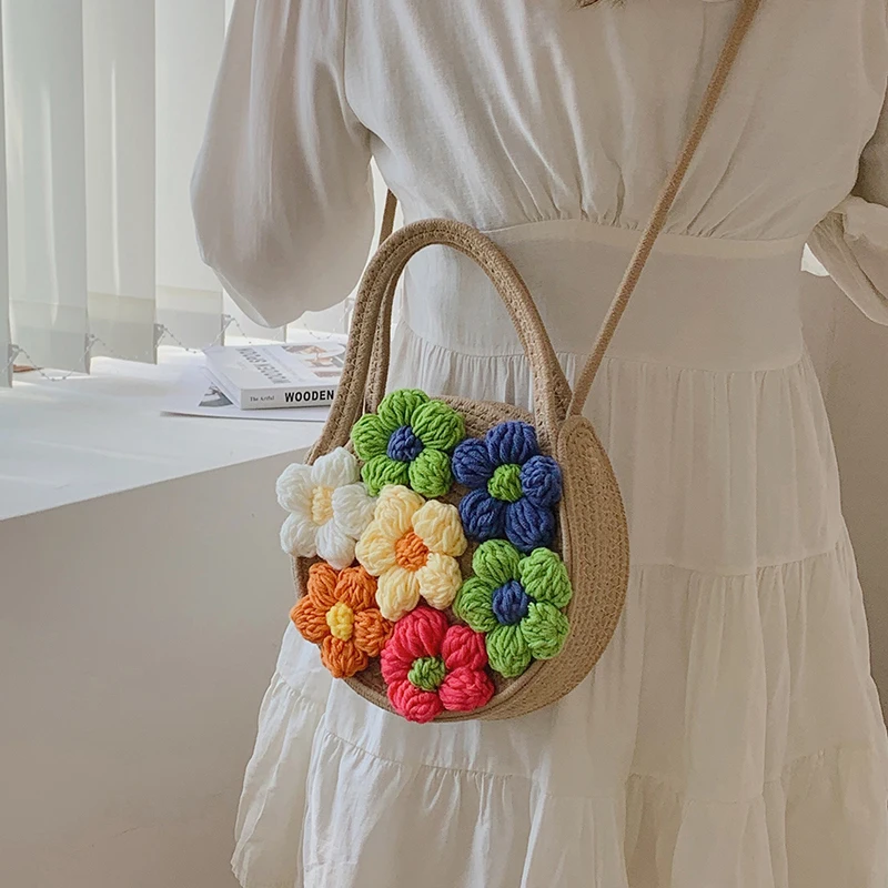 

Flower Cotton Rope Bags For women Handamade Woven Handbag Summer cute tote Beach Bag Drawstring Shoulder Crossbody Bag Purse