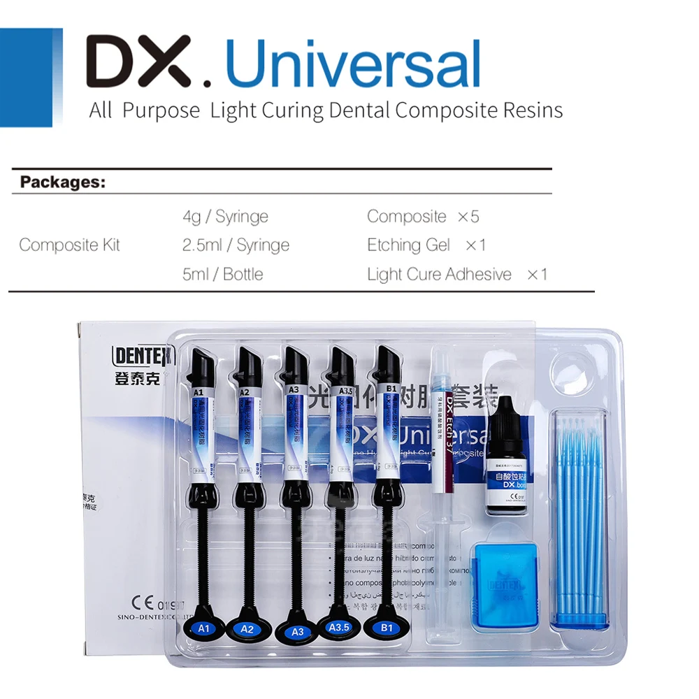 

Dental Composite Kit Resin Set A1 A2 A3 3.5 B1 Light Cure Nano Hybrid Composite Resin DX Universal Dentex Dentist Clinic Product
