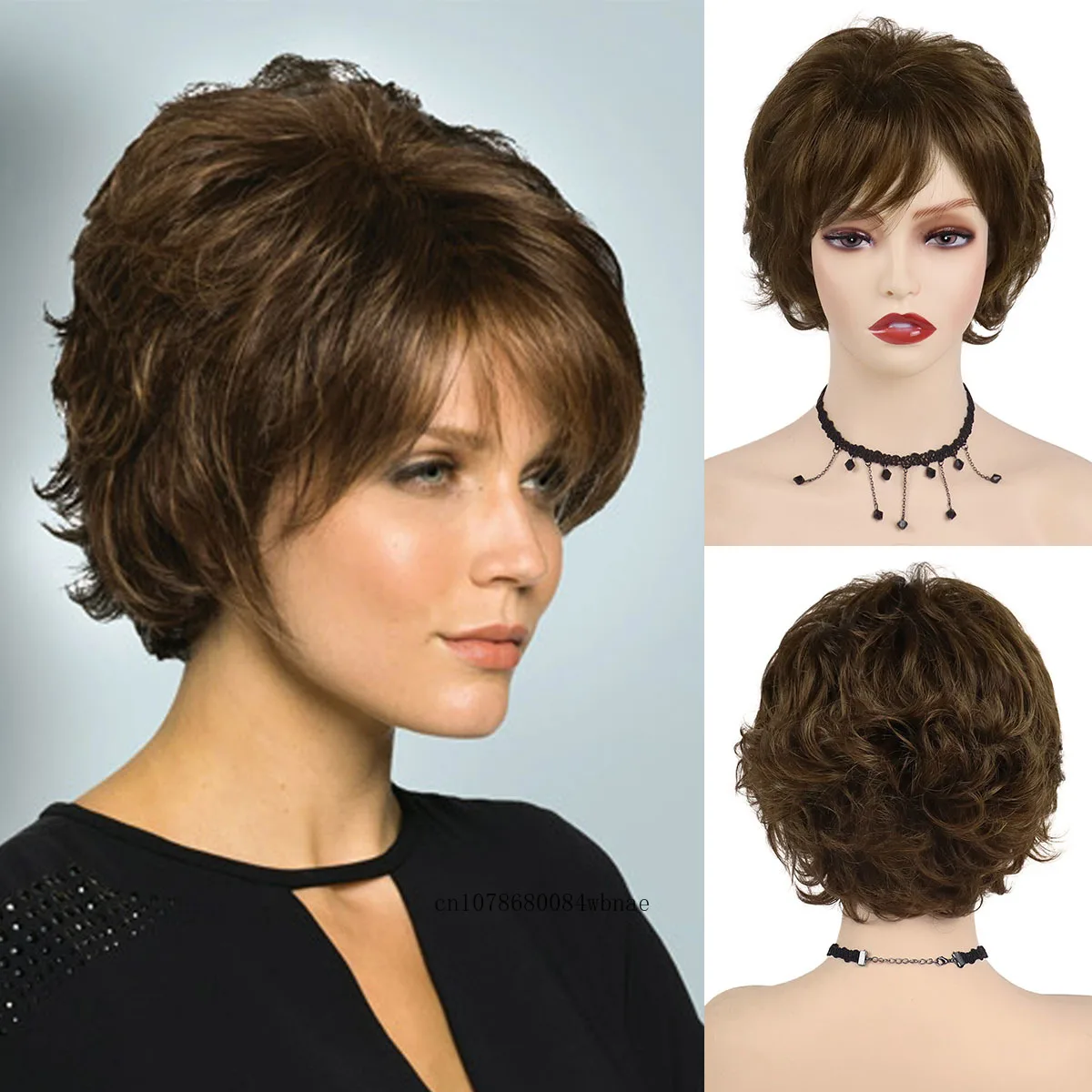 

Короткие натуральные коричневые синтетические парики для модных женщин, пушистая волнистая прическа, искусственные волосы с челкой, термостойкие, для ежедневного использования