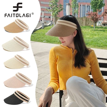 패션 여성 빈 탑 태양 모자 숙녀 여름 야외 해변 자외선 보호 큰 고리 모자 여성 수제 짚 태양 바이저 모자 상품 이미지