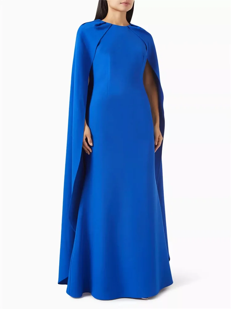 

Hot Selling Long Cape Sleeves O Neckline Crepe Straight Evening Dress Back Zipper Floor Length Sweep Train Gown For Women 2024