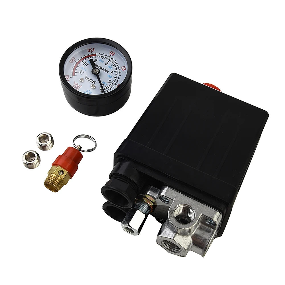 

High Quality 175psi 4 Port Air Compressor Pressure Switch Manifold Regulator + Safety Valve 220V 12 Bar Strong Plastic Shell