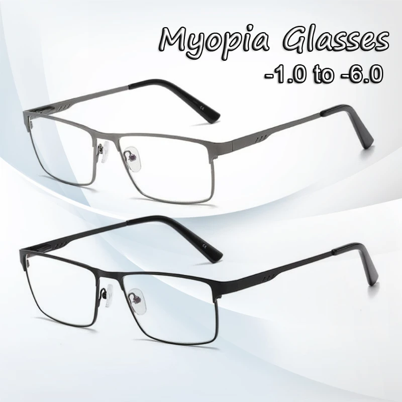 

Men Square Metal Large Frame Myopia Glasses Spring Leg Elderly Near Sight Eyewear Blue Light Blocking Eye Protection Eyeglasses
