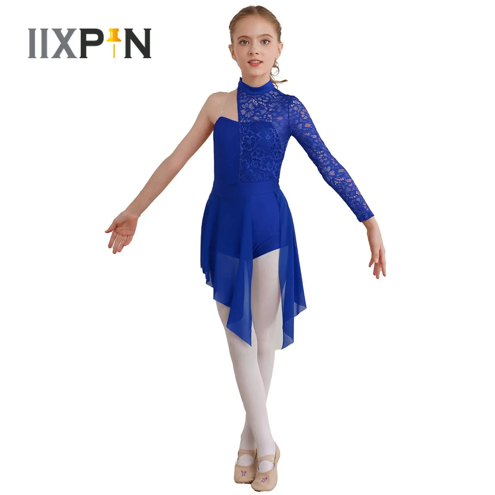 

Kids Girls Ballet Lyrical Dance Dress Half Floral Lace Bodice Boyshorts One-Piece Jumpsuit Contemporary Modern Cha-cha Dancewear