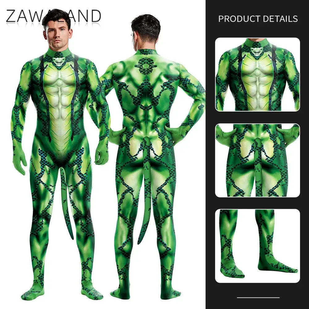 

Zawaland Snake Printed Cosplay Costume Men Creative Animal Petsuit with Tail Full Cover Bodysuits Zentai Suit Male Funny Catsuit