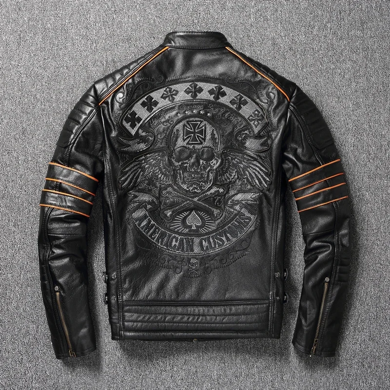 

Мужская мотоциклетная куртка из натуральной воловьей кожи, с вышивкой в виде черепа, размеры до 6XL