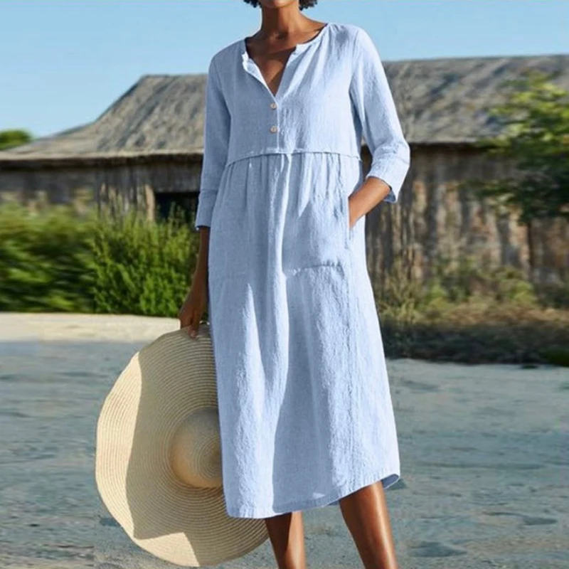 Fahsion New Linen Cotton Dress Elegant Office Half Sleeve V Neck Button Midi Dress Casual Loose Solid Color Pocket Dress Female
Fahsion New Linen Cotton Dress Elegant Office Half Sleeve V Neck Button Midi Dress Casual Loose Solid Color Pocket Dress Female