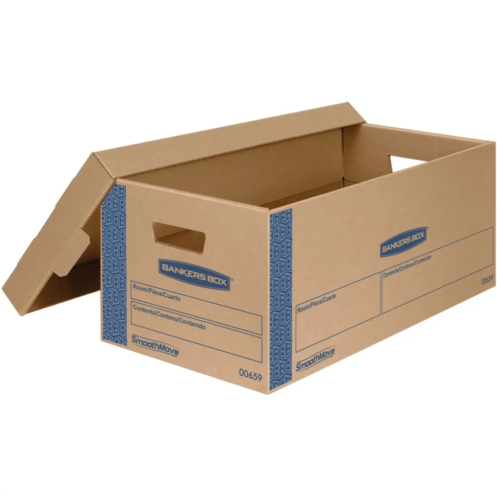 

Bankers Box SmoothMove Prime Moving & Storage Boxes, Small, Half Slotted Container (HSC), 24" x 12" x 10", Brown Kraft/Blue
