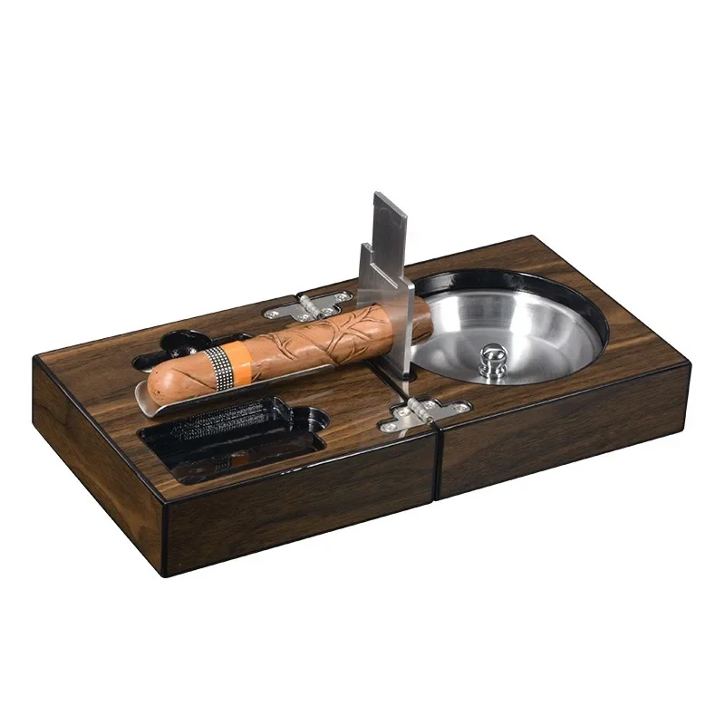 

Multifunctional Cigar Ashtray Foldable Walnut Wood Box Include Cigar Cutter Holder and Hole Opener Smoking Accessories