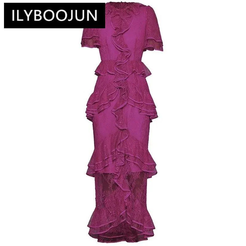 

ILYBOOJUN Fashion Women's New Round Neck Short-Sleeved Lace Flounced Edge High-Waisted Slim-Fit Elegant Hip Wrap Fishtail Dress