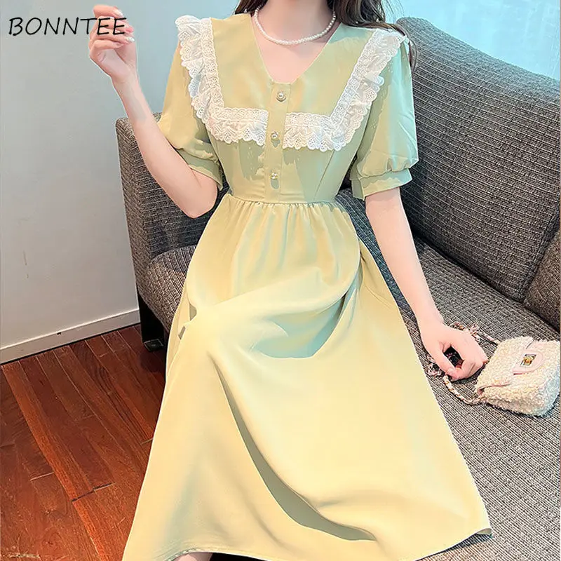 

Short Sleeve Dresses Lace Retro V-neck Sweet Lovely A-line Summer High Waist Fashion Popular Female Leisure Elegant Daily Chic