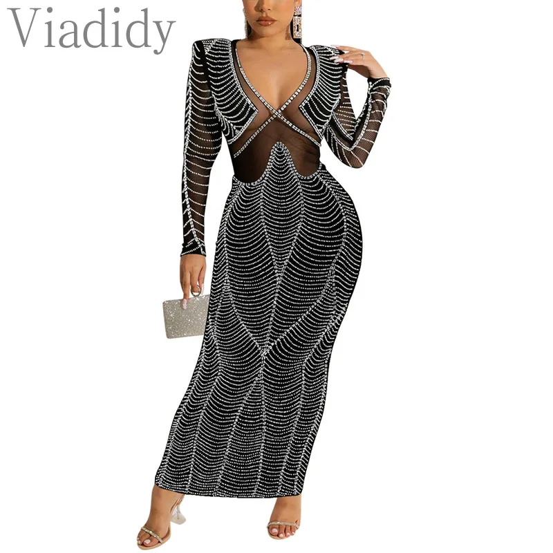 

Women Sexy Solid Color See Through Sheer Mesh Long Sleeve Rhinestone Decor Deep V Neck Party Dress