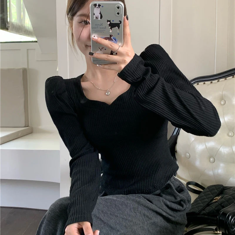 

Rimocy Korean Fashion Puff Sleeve Sweater Women Autumn Winter V Neck Knitted Pullover Woman Soft Slim Long Sleeved Jumper Ladies