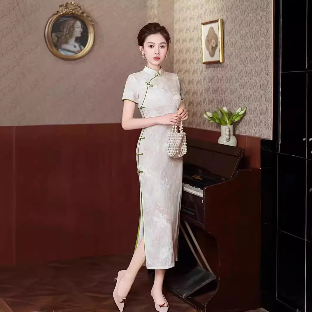 

Yourqipao Summer Improved Young Girls Retro High-end Long Cheongsam Chinese Style Evening Dress Sexy Elegant Qipao for Women