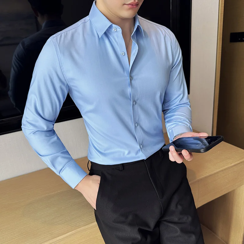 

High Quality Modal Fabric Seamless Shirt For Men 2024 Luxury Long Sleeve Solid Business Elasticity Slim Fit Casual Tuxedo Shirts