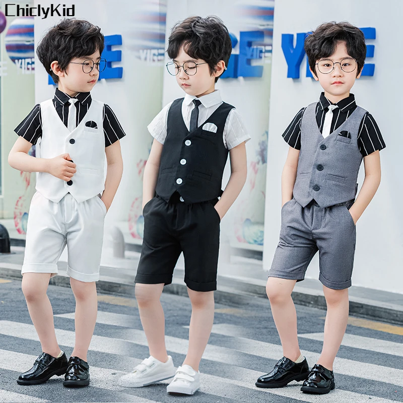 

Boys Summer Vest Shirt Shorts Formal Dress Suit Kids Waistcoat Wedding Clothes Sets Child School Uniforms Toddler Tuxedo Costume