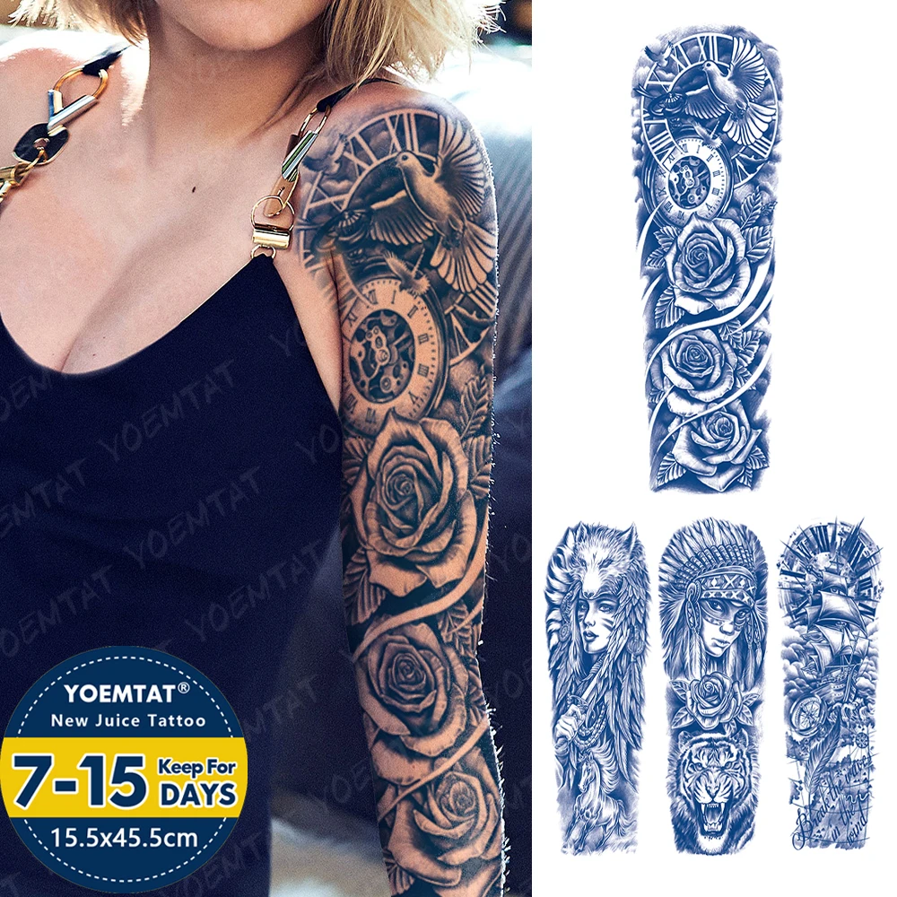 Large Full Arm Sleeve Juice Ink Waterproof Temporary Tattoo Sticker Clock Peace Dove Rose Flower Fake Tattoos Body Art Women Men
Large Full Arm Sleeve Juice Ink Waterproof Temporary Tattoo Sticker Clock Peace Dove Rose Flower Fake Tattoos Body Art Women Men