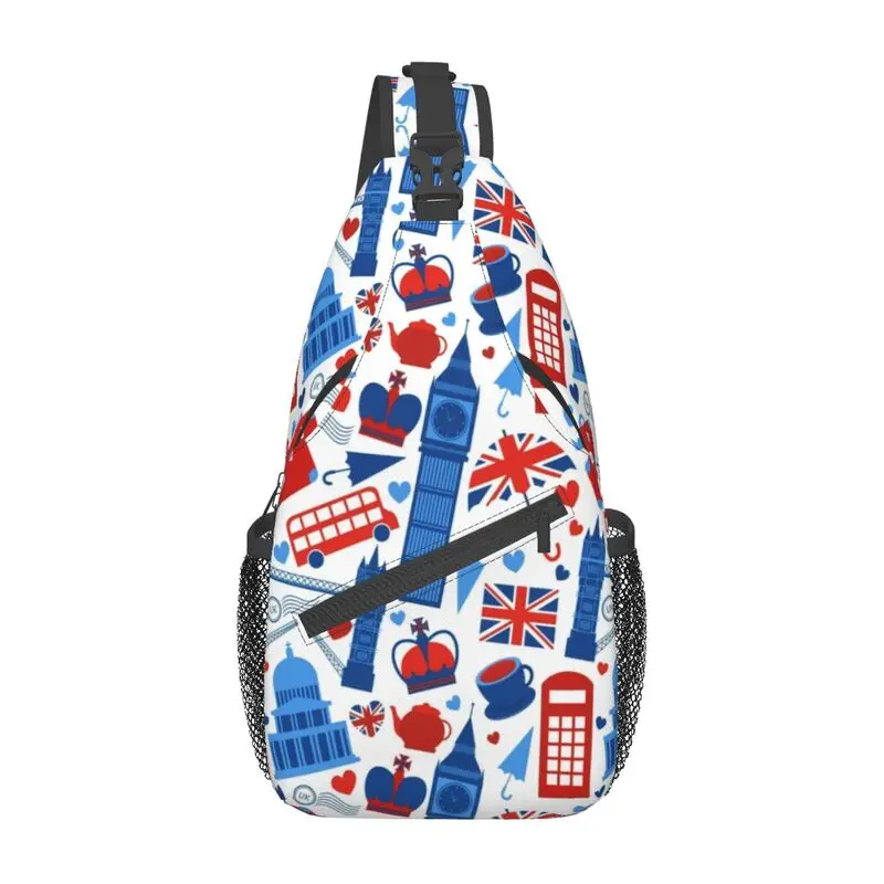 

British London City Symbols Sling Bag Red Bus Telephone Booth Big Ben Shoulder Crossbody Chest Backpack Cycling Camping Daypack