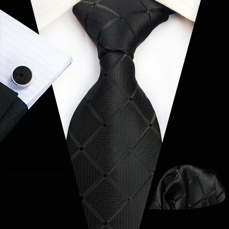 

Black Ties For Men Silk Necktie Set Pocket Square Cufflinks 3pcs Suit Striped Mens Tie Handkerchief Cuff Links Set Party Wedding