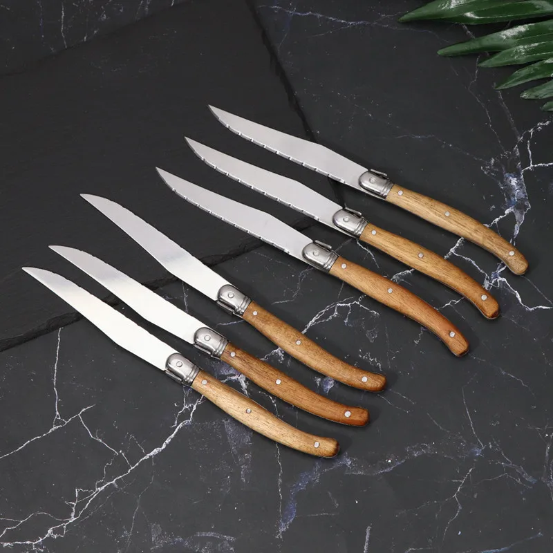 

Набор зубчатых ножей для стейка, столовый нож, столовые приборы, ручка из твердой древесины, стальной нож Laguiole, острый Настольный нож для резки мяса, 6 штук