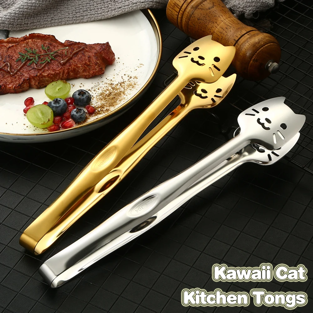 

Kawaii Cat Kitchen Tongs Barbecue Gadgets BBQ Cookware Stainless Steel Meat Clamps Creative Camping Supplies Bread Clip