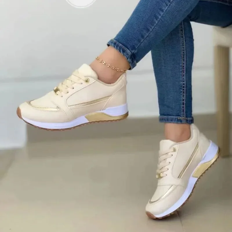 

2024 Hot Sale Ladies Shoes Lace Up Women's Vulcanize Shoes Autumn Round Toe Mixed Colors Increase Height Casual Sneakers Women