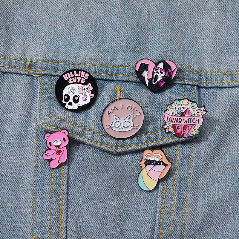 

Pink Punk Enamel Pins Custom Witch Bear Tongue Ghost Call Brooches Lapel Badges Gothic Halloween Jewelry Gift for Friends