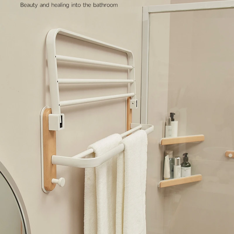 

Cream Style Bathroom Shelves: Non-Perforated Bath Towel Holder Creative Wall-Mounted Towel Rack Storage Organizer