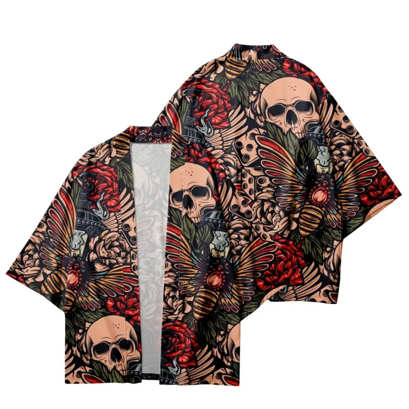 

Japanese Streetwear kimono shirt men/women Summer Japanese Harajuku Horror Skull mens chiffon shirt Casual kimono Cardigan