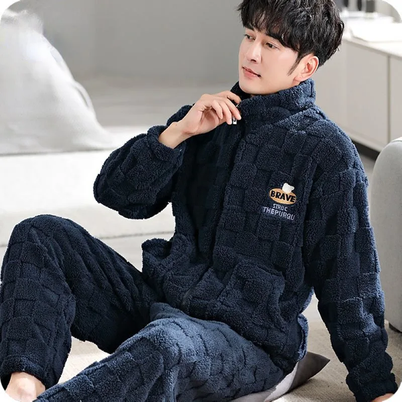 

2024 New Coral Velvet Pajamas Men's Autumn Winter Fleece Thickened Zippers Sleepwear Warm Young Middle-aged People Loungewear