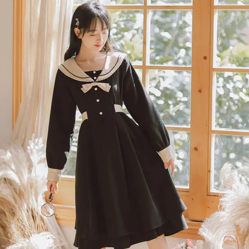 MAGOGO French Style Vintage Spliching Long Sleeve Dresses Women Autumn Winter Sweet College Navy Collar Bow A-line Black Dress
MAGOGO French Style Vintage Spliching Long Sleeve Dresses Women Autumn Winter Sweet College Navy Collar Bow A-line Black Dress