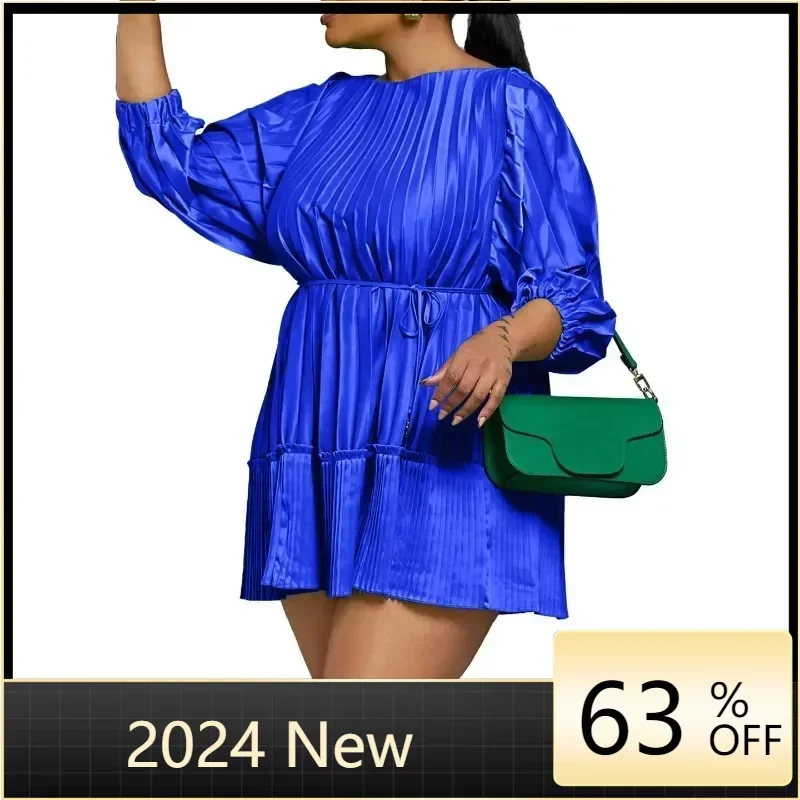 

Women Ruffles Hem Pleated Loose Big Swing Dresses with Sashes Waist 2023 Fashion Wrist Sleeve Vintage OL Work Dress