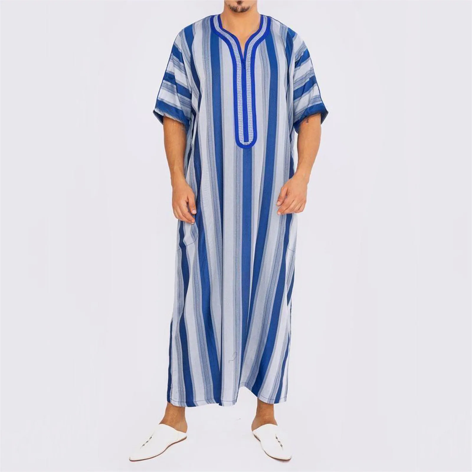

Muslim Men's Clothing Robe Thobe Striped Printed Short Sleeve Robe Thobe Islamic Arab Robe Costume Abaya Muslim Man Thobe