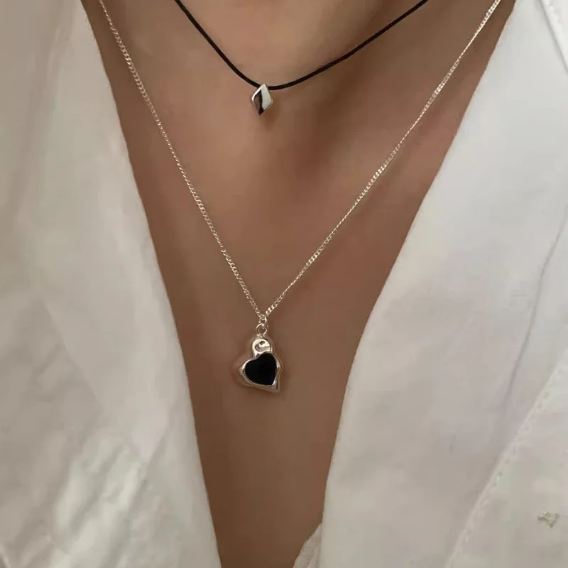 

925 Sterling Silver Necklace Irregular Asymmetric Heart Love Black Punk for Women Girl Jewelry Gift Dropshipping Wholesale