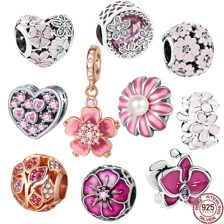 

New Arrivals 925 Sterling Silver Pink Daisy Flower & Cherry Blossom Dangle Charm Bead Fit Original Pandora Bracelet Jewelry Gift