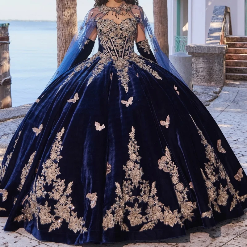 Saudi Arabic Navy Blue Quinceanera Dresses With Wrap Ball Gowns Appliques Velvet Birthday Party Evening Dress Vestido De 15 Anos
Saudi Arabic Navy Blue Quinceanera Dresses With Wrap Ball Gowns Appliques Velvet Birthday Party Evening Dress Vestido De 15 Anos