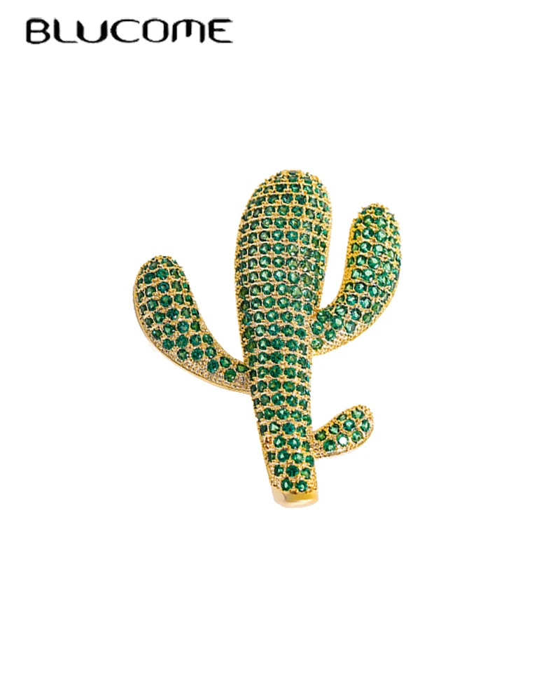 

Blucome Green Cubic Zircon Cactus Plant Brooches Wedding Party Dress Coat Decoration Luxury Charming Cactus Woman's Brooch Pin