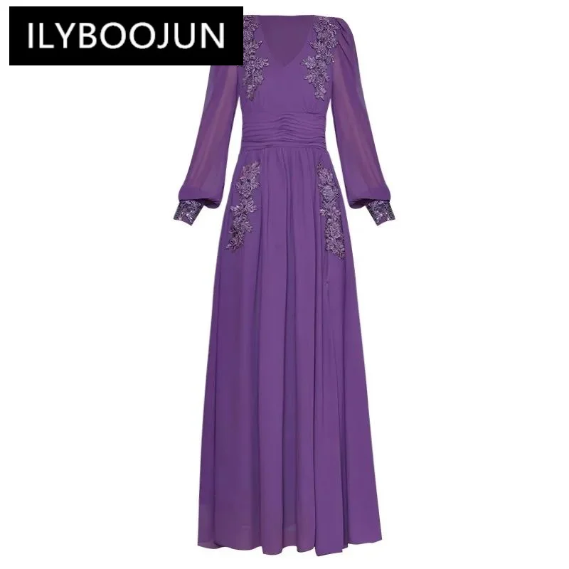 

ILYBOOJUN Fashion Designer Autumn Maxi Dress Women V-Neck Lantern Sleeve Beading Appliques Folds Elegant Party Slit Long Dress