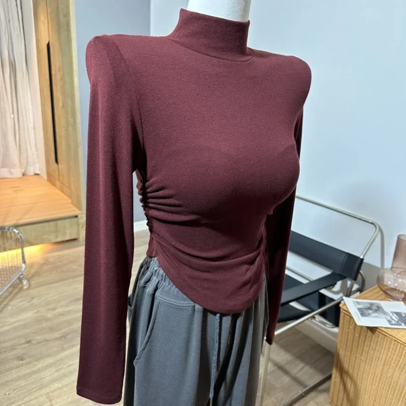 

Wholesale Sexy Base Slim T Shirts Women Irregular Hem Side Folds Autumn High Strecth Top Long Sleeve Mock Neck Solid T Shirt