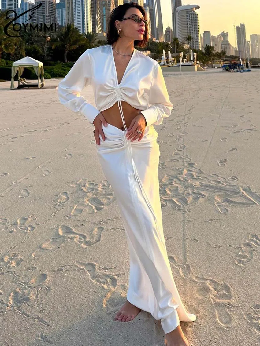 

Модный Белый Женский комплект из 2 предметов Oymimi, элегантный укороченный топ с V-образным вырезом и длинным рукавом на шнуровке и юбка до пола с Кулиской