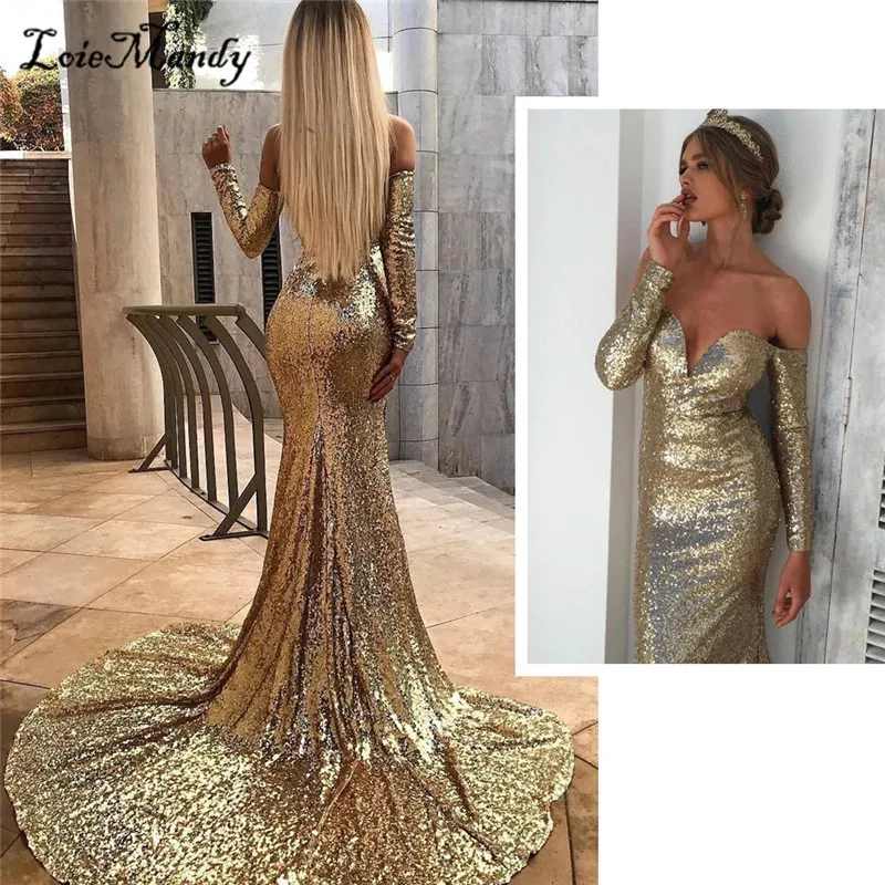 Deep V-Neck Mermaid Gold Prom Dresses Modest Off Shoulder Long Sleeves Evening Party Gowns For Women Sheath Vestidos de fiesta
Deep V-Neck Mermaid Gold Prom Dresses Modest Off Shoulder Long Sleeves Evening Party Gowns For Women Sheath Vestidos de fiesta
