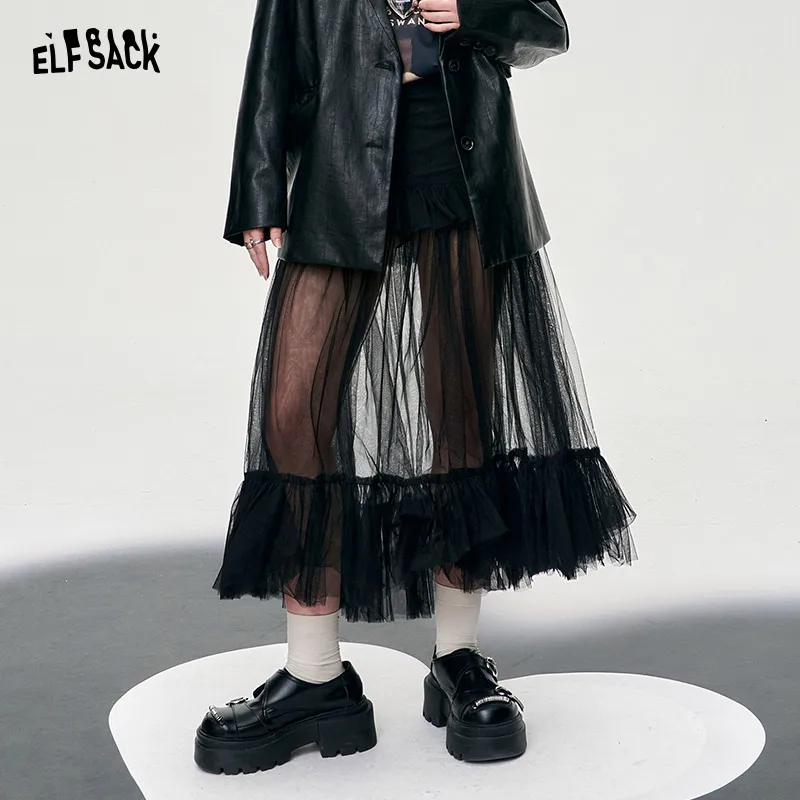 

ELFSACK contrast mesh black versatile skirt 2024 thin new designation pompon skirt solid color A pendulum mid long length skirt