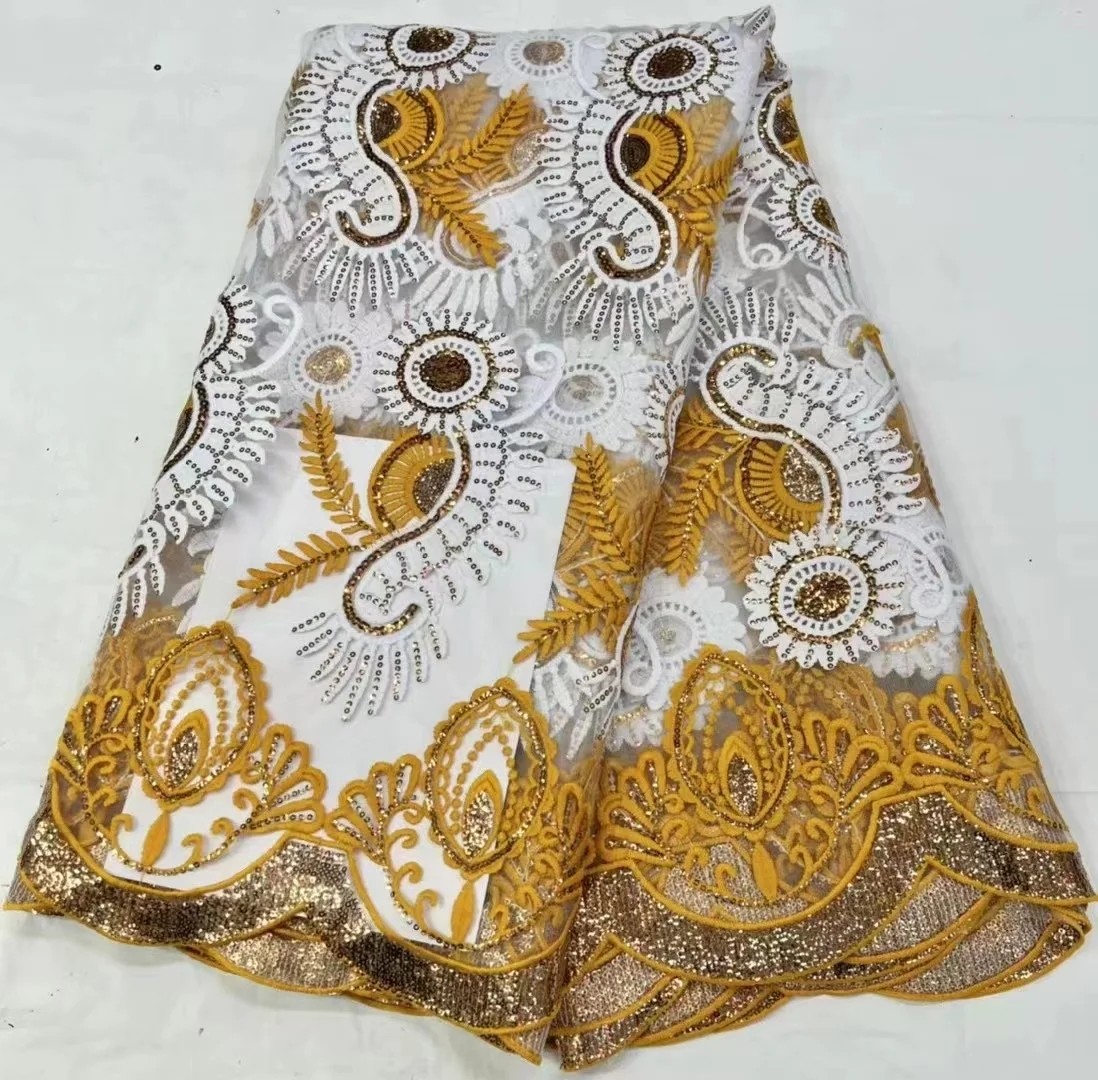 Latest African Lace Fabric Embroidery High Quality Gold French Sequins Lace Mesh Double Organza Lace Fabric For Party Dress
Latest African Lace Fabric Embroidery High Quality Gold French Sequins Lace Mesh Double Organza Lace Fabric For Party Dress