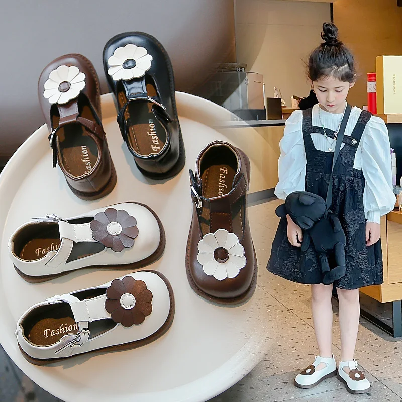 

2024 Spring Leather Shoes Children's Fashion Girls Loafers T-Strap Simple Non-slip Hook & Loop Kids Casual Shoes