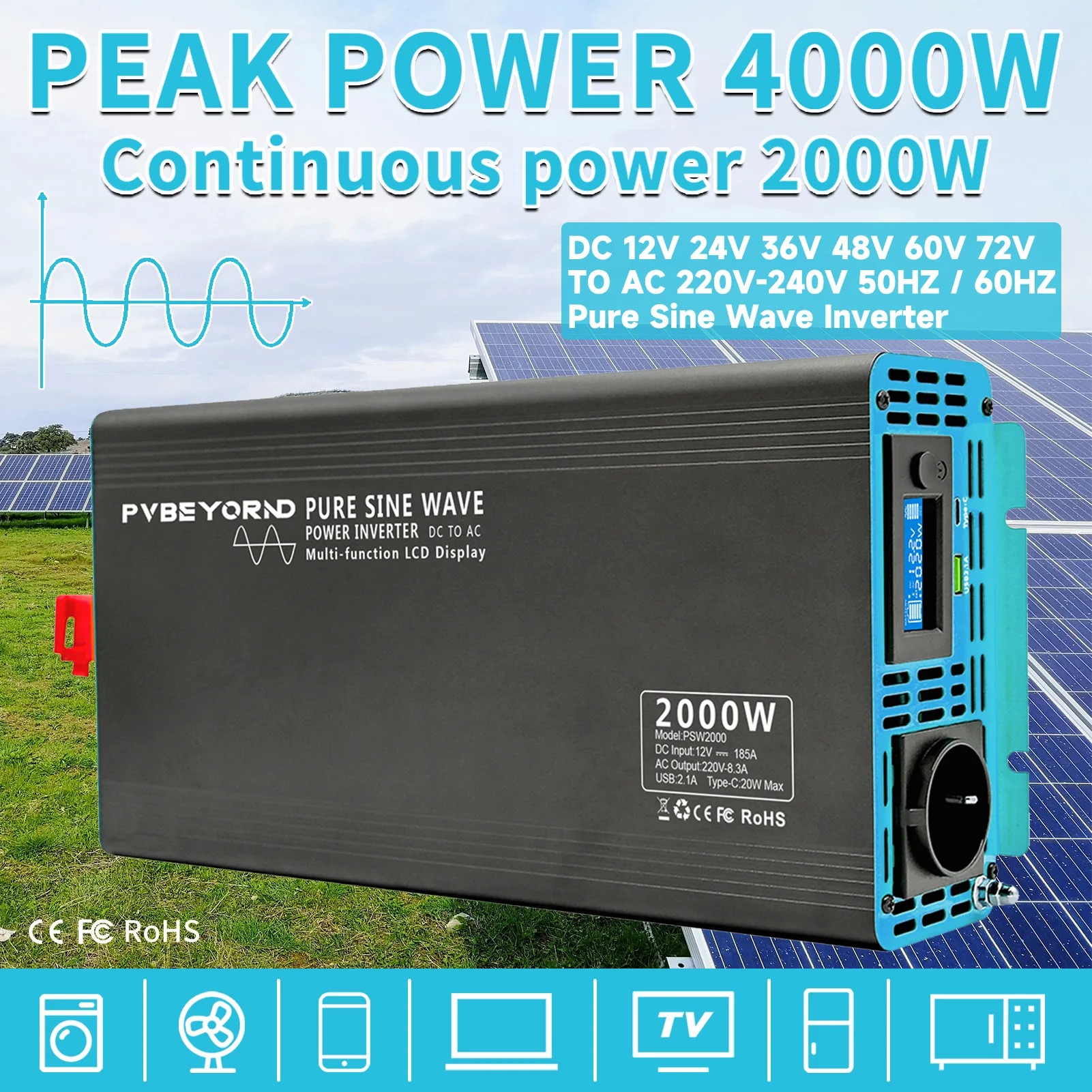 PVBEYORND Pure Sine Wave Inverter Power Inverter 4000W DC 12V 24V 36V 48V 60V 72V To AC 220V 240V 50/60HZ Continuous Power 2000W
PVBEYORND Pure Sine Wave Inverter Power Inverter 4000W DC 12V 24V 36V 48V 60V 72V To AC 220V 240V 50/60HZ Continuous Power 2000W