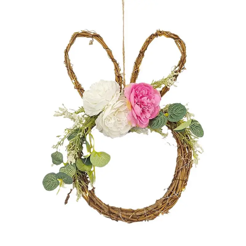 

Bunny Wreath Artificial Flower Easter Door Decor Greenery Light Up Bunny ornaments hand woven Rattan Garland for entrance wall