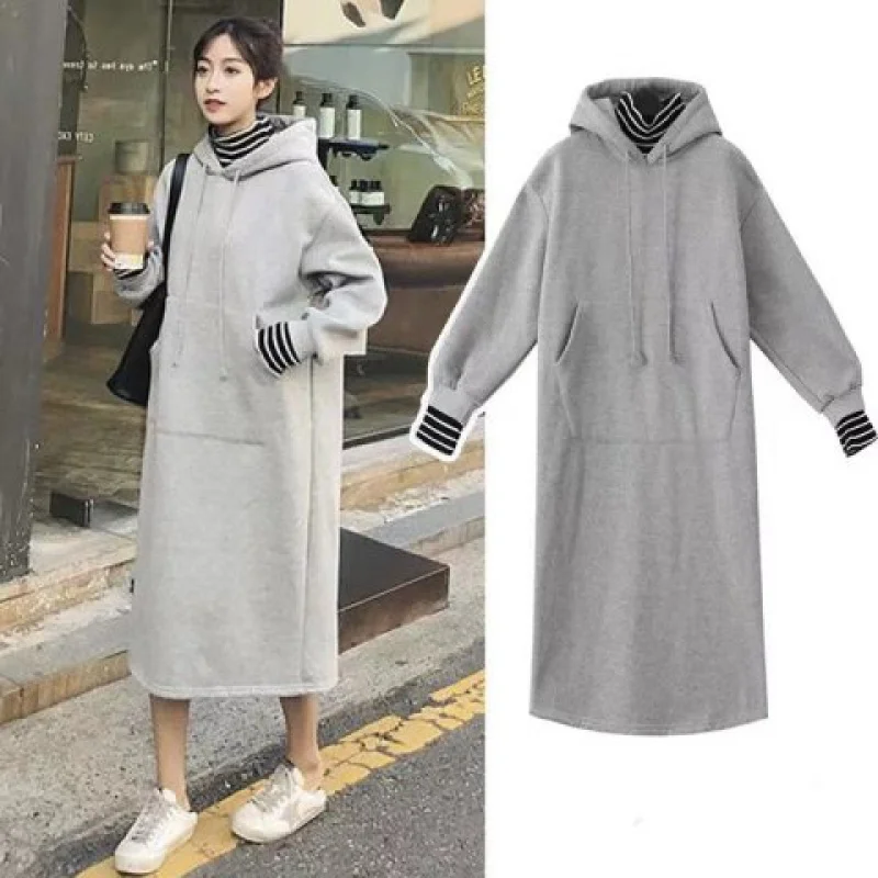 

Autumn and winter plush thickened fake two-piece sweatshirt hooded skirt women long above the knee loose