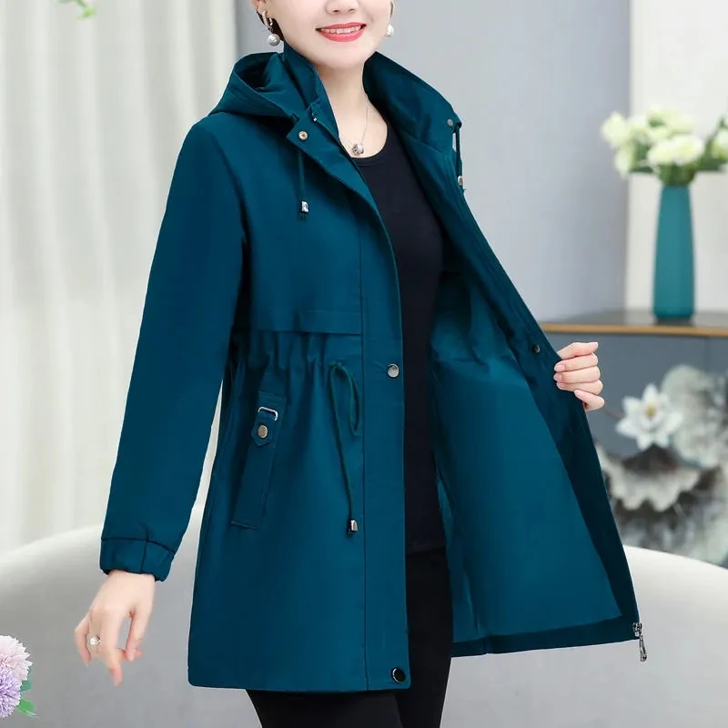 

Spring Autumn New Women Trench Coat Fashion With lining Loose Mid-length Windbreaker Middle Aged Female Casual Hooded Outerwear